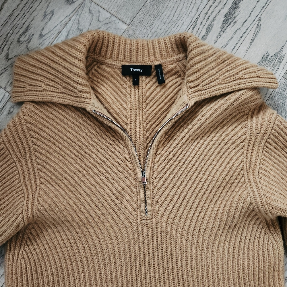 Theory Camel Wool/ Cashmere Zip Collar Pullover Sweater - Picture 7 of 8